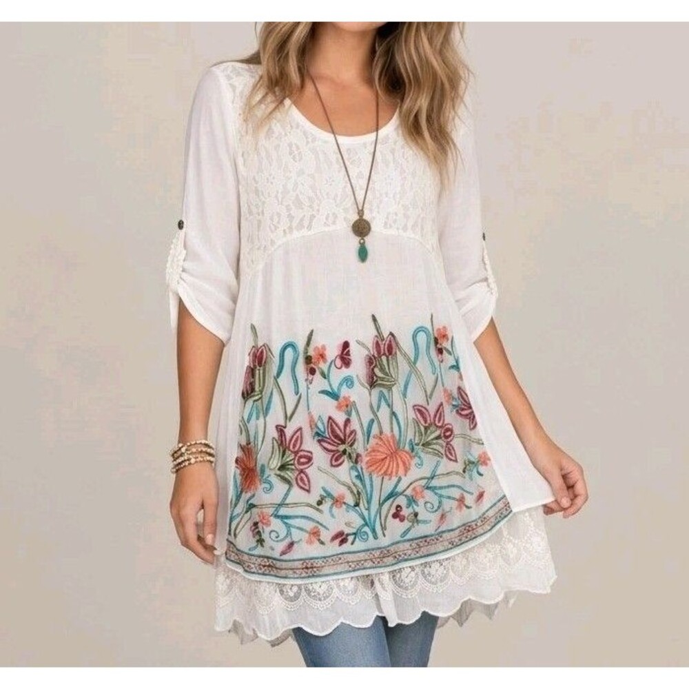 Feratelli Lace Embroidered Floral Mesh Overlay Tunic Top Mini Dress - L